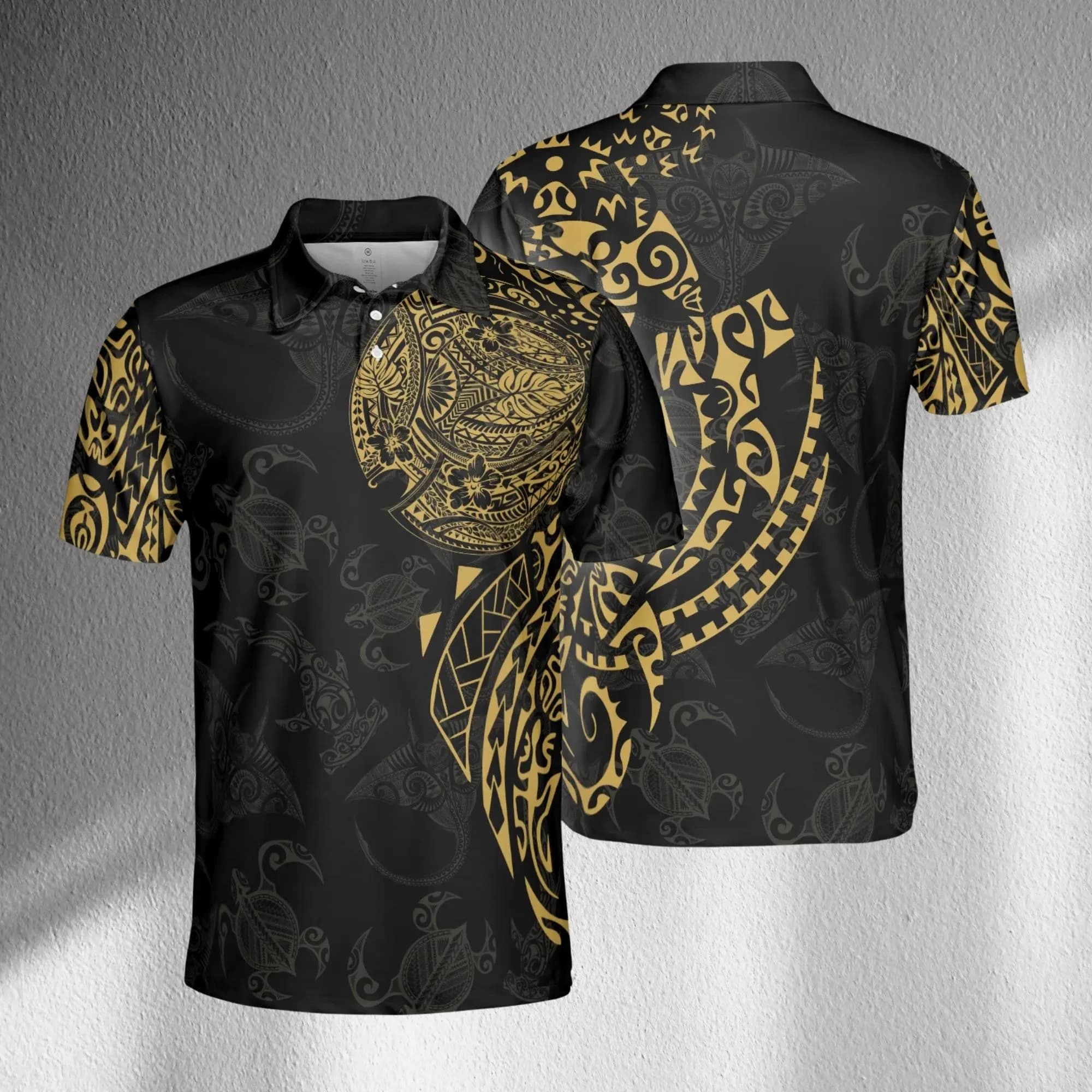 Polo tribale in oro nero, camicia da uomo con motivo tatuaggio polinesiano, top estivo, maglietta in jersey stile golf grafico