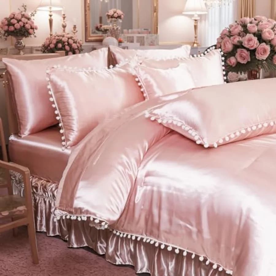 Set Copripiumino in Raso 10 Pezzi, Effetto Seta, Bianco con Pompon, Decorazione Estetica di Lusso, Biancheria da Letto Setosa con Piumino