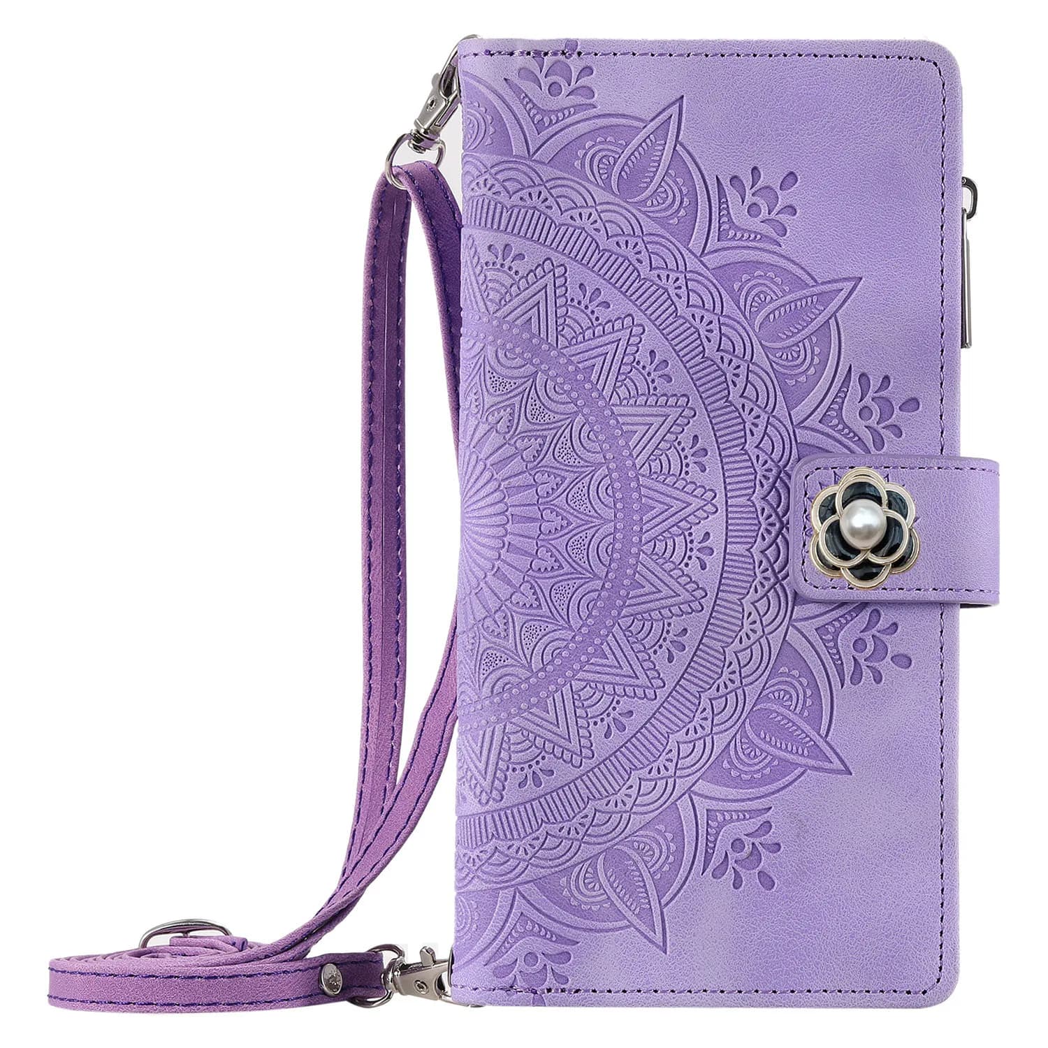 Camellia Buckle Leather Zipper Wallet Case For Google Pixel 10 Pro XL 9A 9 8A 8 7A 7 6A 6 Crossbody Lanyard 8 Cards Flip Cover