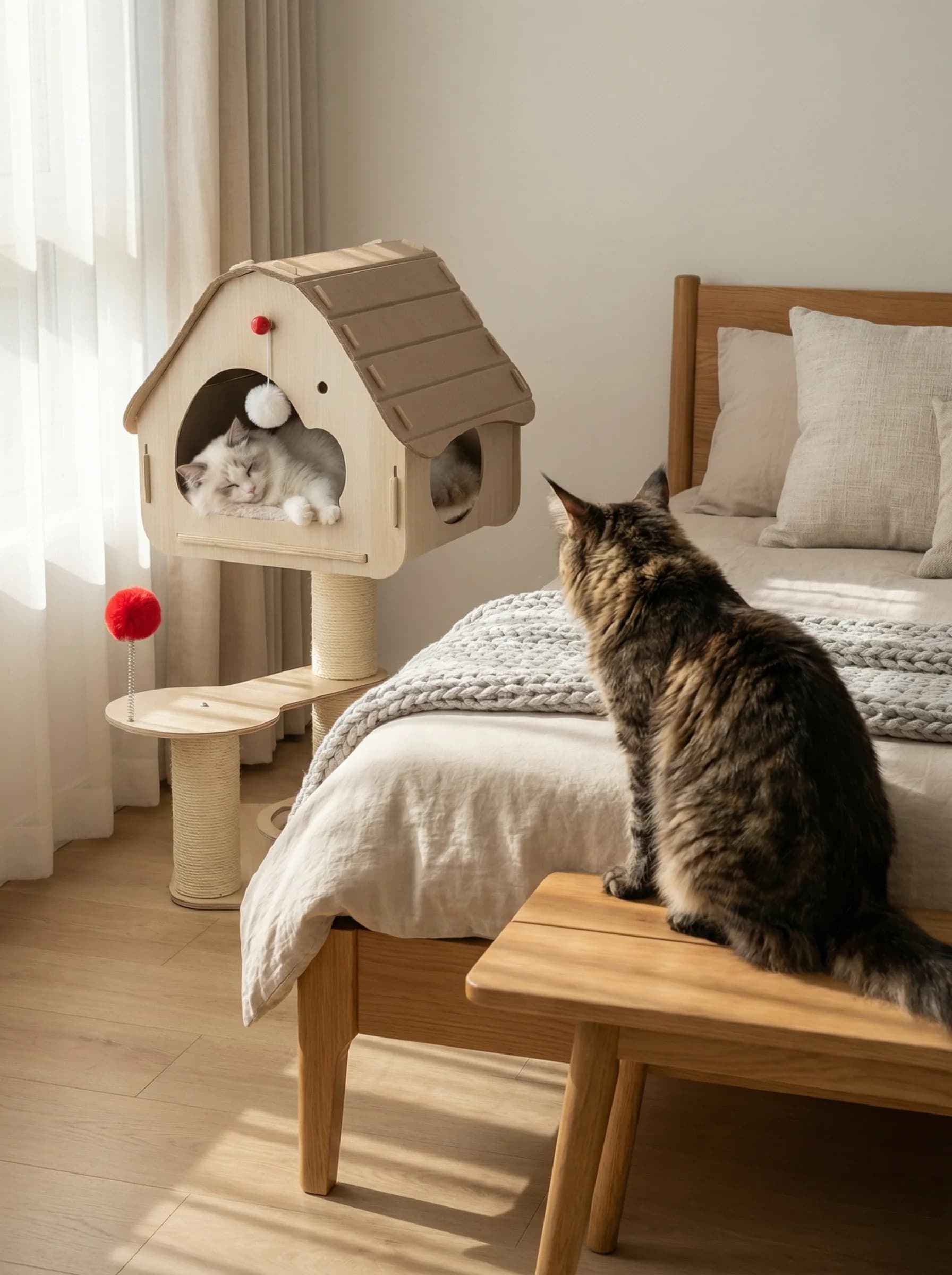 Modern Multi Level Cat House Wooden Cat Tree Scratching Board Cozy Cat Cave Indoor Pet Furniture