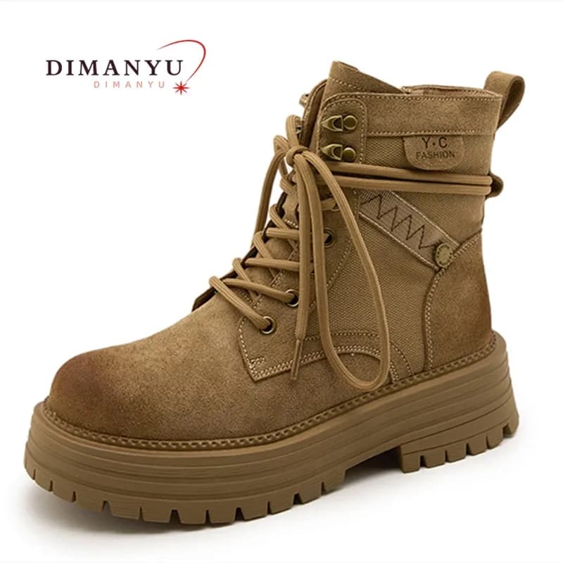 Women's Ankle Boots Platform Genuine Leather 2026 New Genuine Leather Women's Short Boots British Style Lace-up Women's Booties