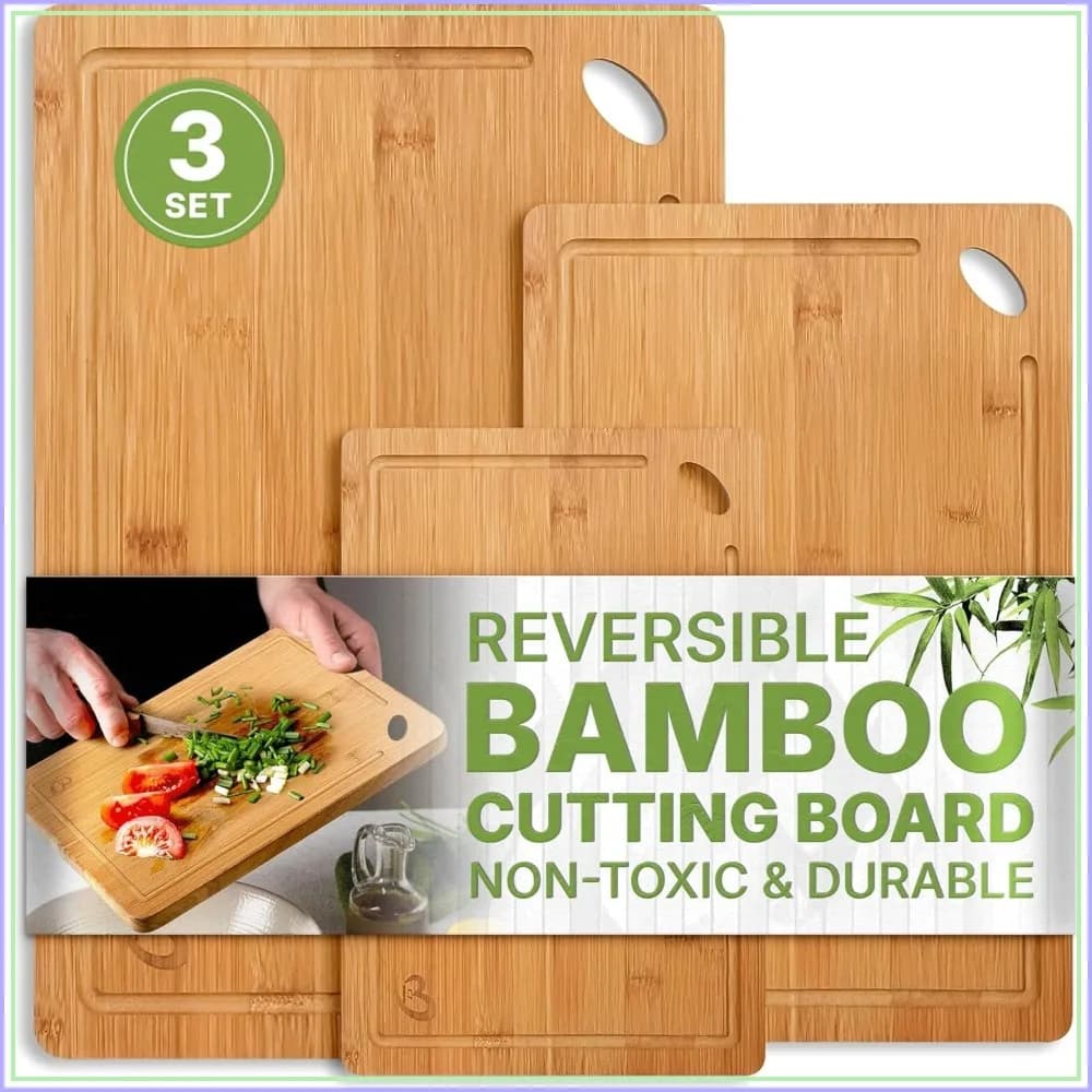 3-Piece Bamboo Cutting Board Set with Juice Grooves, Eco-Friendly Kitchen Chopping Boards