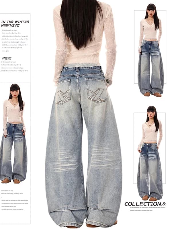 Loose High Waist Wide Leg American Retro Knife Jeans Women's Autumn New Style Casual Wear Durable Denim Ladies Pants
