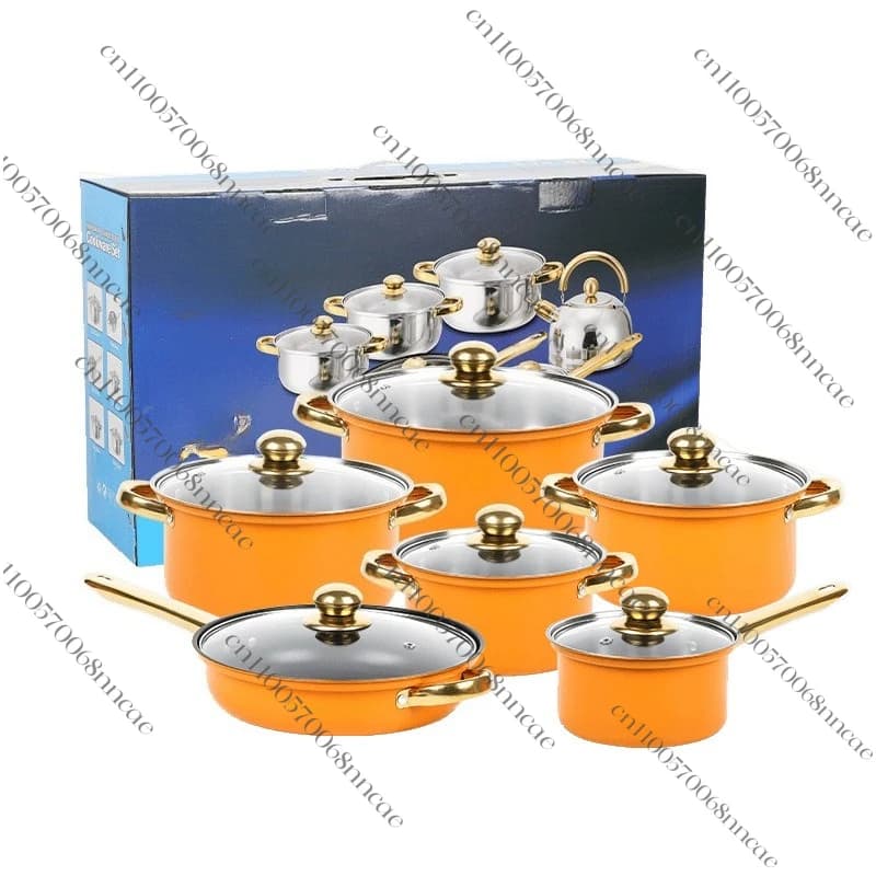 12-piece stainless steel pot set, non-stick pan for soup, gold plated handle for milk pot