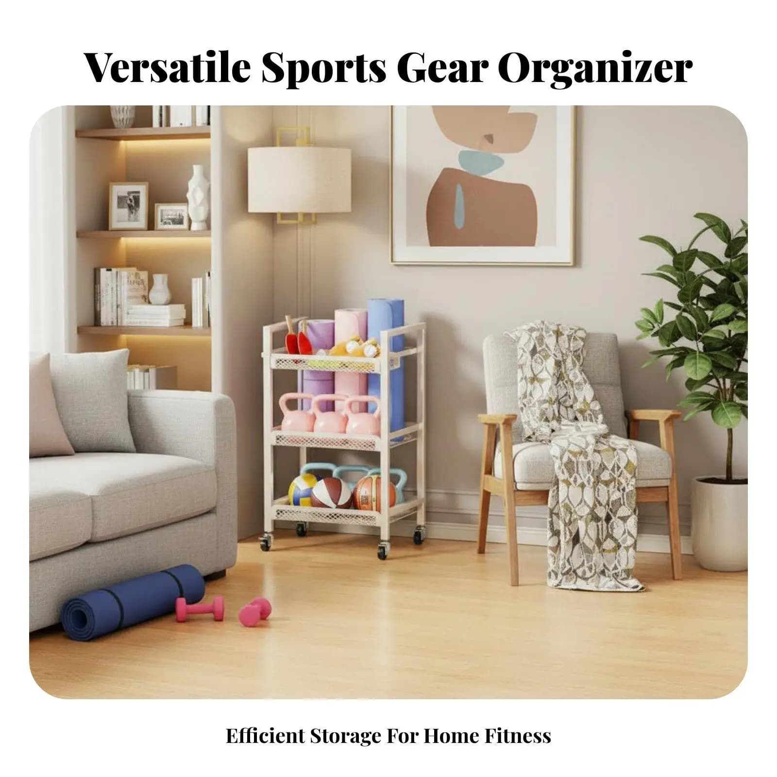 Exercise Mat and Dumbbell Holder Side Hooks Dumbbell and Exercise Mat Holder Portable with Wheels Multi-Functional Sports