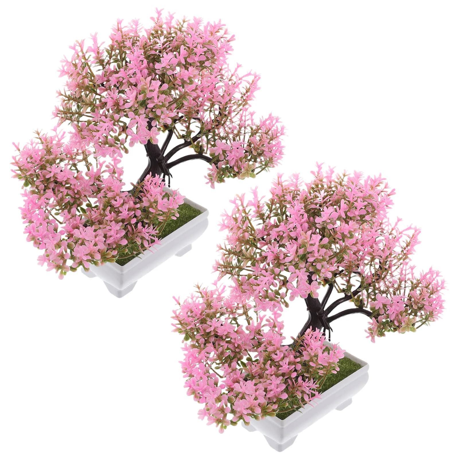 2Pcs Pink Artificial Welcoming Pine Bonsai Mini Tree Fake Plants Plastic Pot Indoor Decor Tabletop Office Shelf Decorative