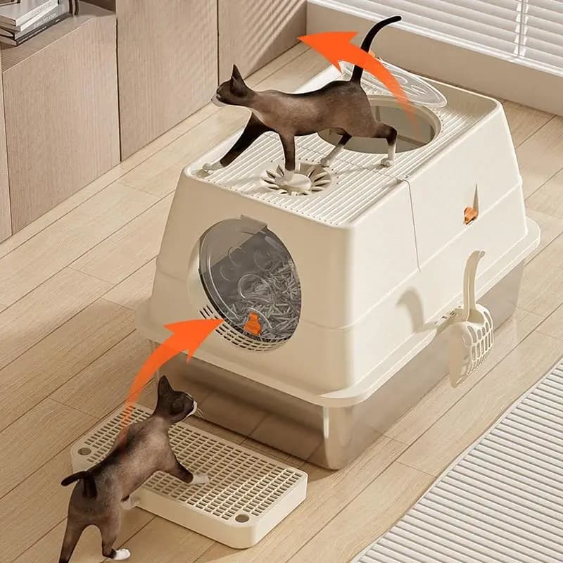 Lettiera per gatti completamente chiusa in acciaio inossidabile Grande toilette per gatti ribaltabile con ingresso dall'alto antispruzzo e antispruzzo rialzato