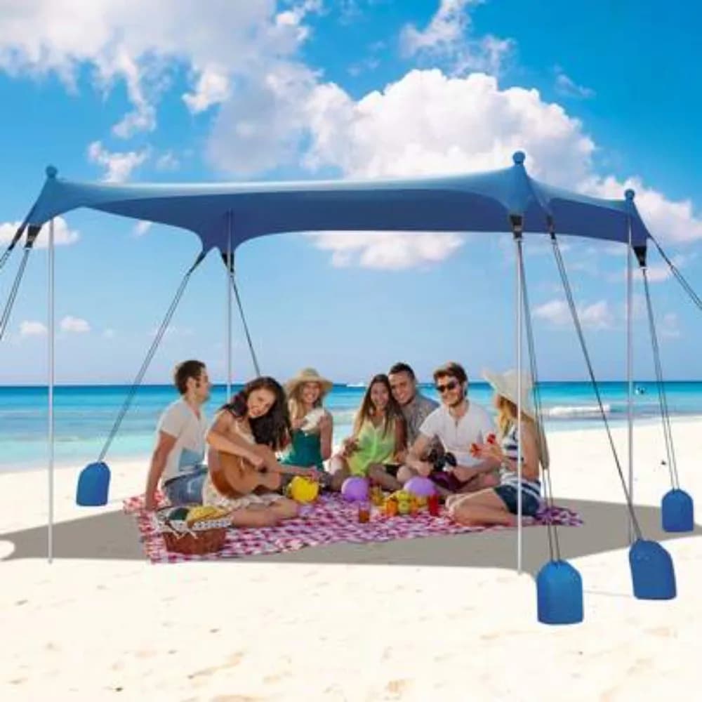 Heavy Duty Beach Canopy Tent 8 Sandbags UPF 50+ Sun Shade Shelter Windproof Stretchy Lycra Fabric Easy Setup Outdoor Gathering Camping Travel Portable Sun Umbrella Cabana Pop Up with Sandbags for 8 10 People