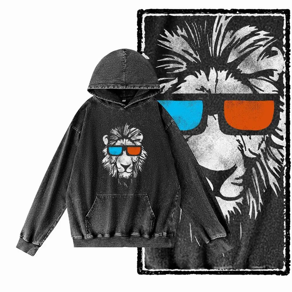 Felpe con cappuccio da uomo con grafica Cool Lion in cotone nero lavato con acido G29 | Felpa con cappuccio da uomo streetwear vintage con scollo a O di grandi dimensioni