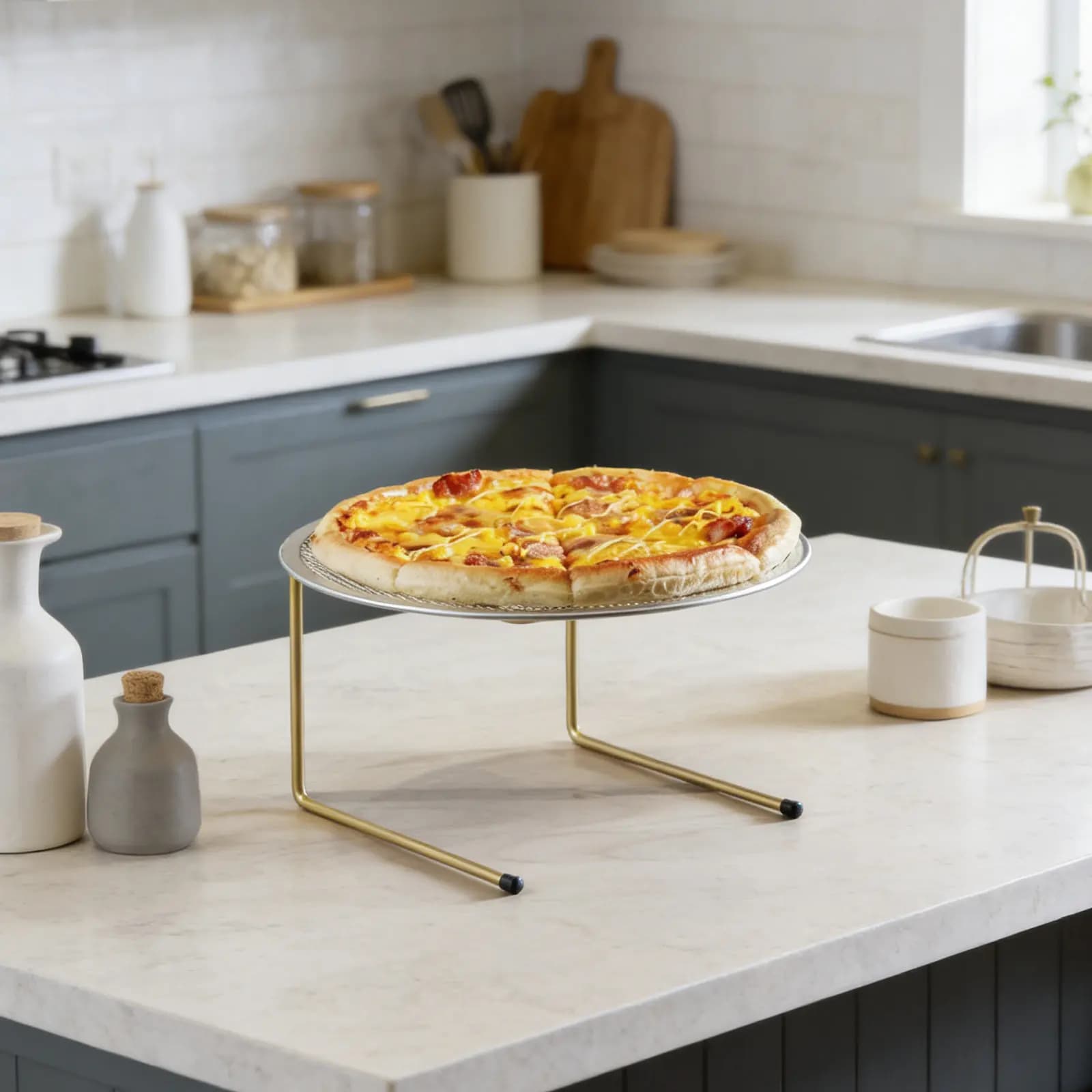 Espositore per Pizza in Metallo Dorato, Supporto per Teglie, Porta Piatti per Buffet, Espositore per Dessert, Servizio Ristorante