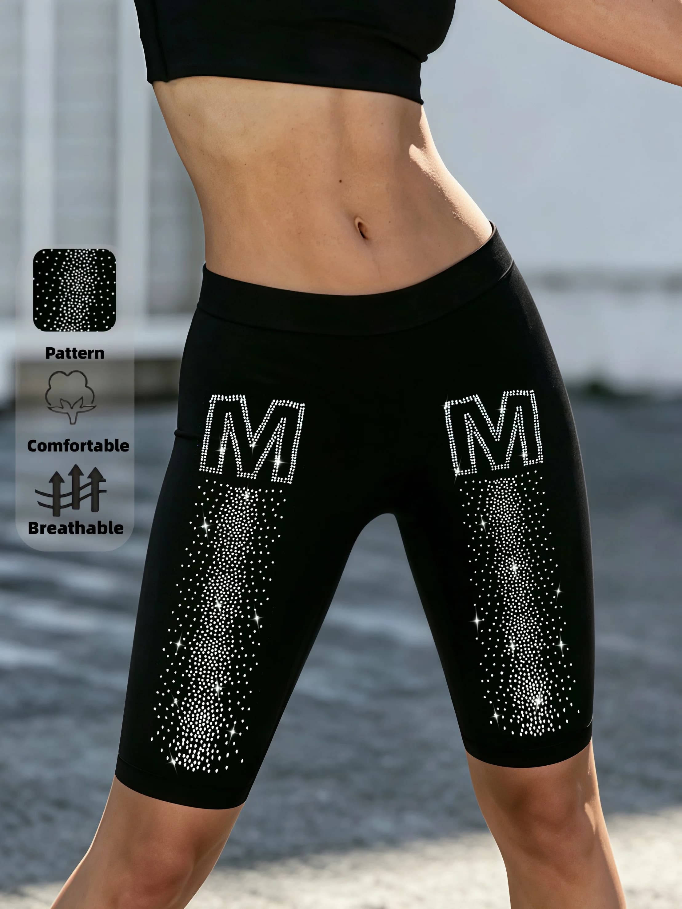 Women's Letter M Rhinestone Biker Shorts High Waist Sports Breathable Tight Fitting Cycling Shorts For Parties And Dating