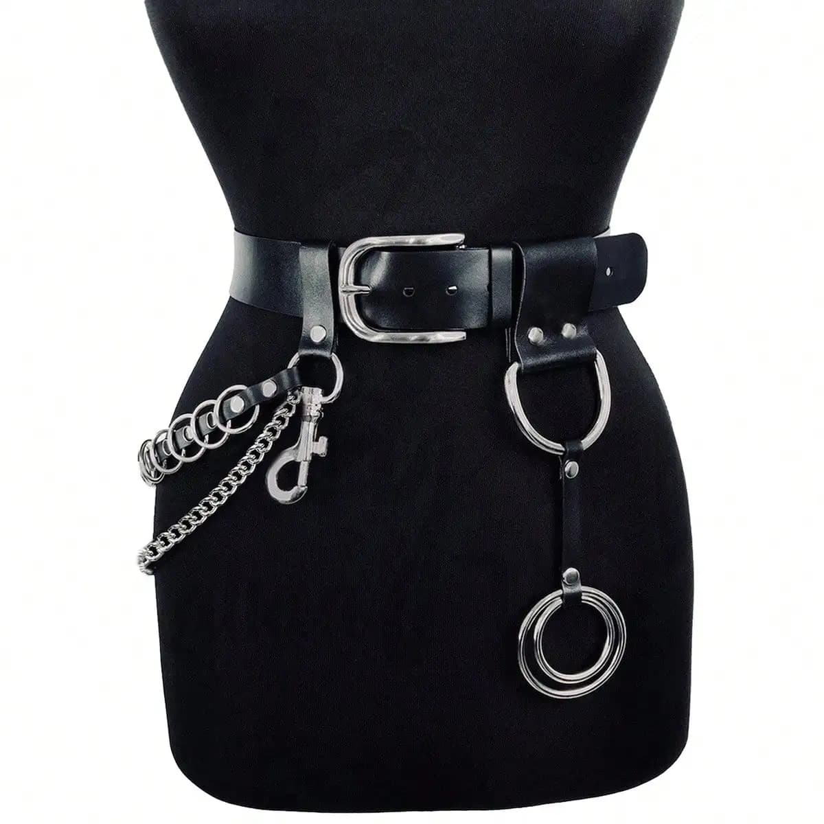 New Fashion Black Leather Punk Belts Women's Pin Buckle Belt with Chain Nice Design Silver Ring Charm Quality Havy Belts