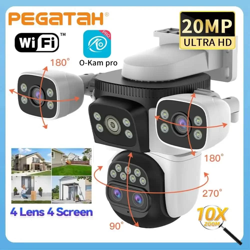 10K UHD Outdoor WIFI IP Camera 10X Zoom Four Lens 360 PTZ Security Cam Human Detection Cctv Home Surveillance Camera