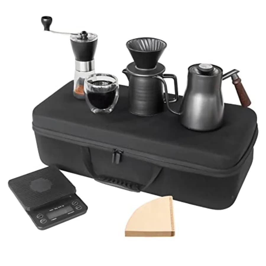 Outdoor camping pour over coffee maker set: 304 stainless steel kettle with thermometer grinder dripper server in portable trav