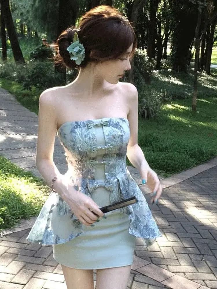 KING BRAND Nuovo Abito Tubino Avvolgente Stile Cinese da Donna, Gonna Corta Estiva Modellante, Elegante Abito con Vita Stretta