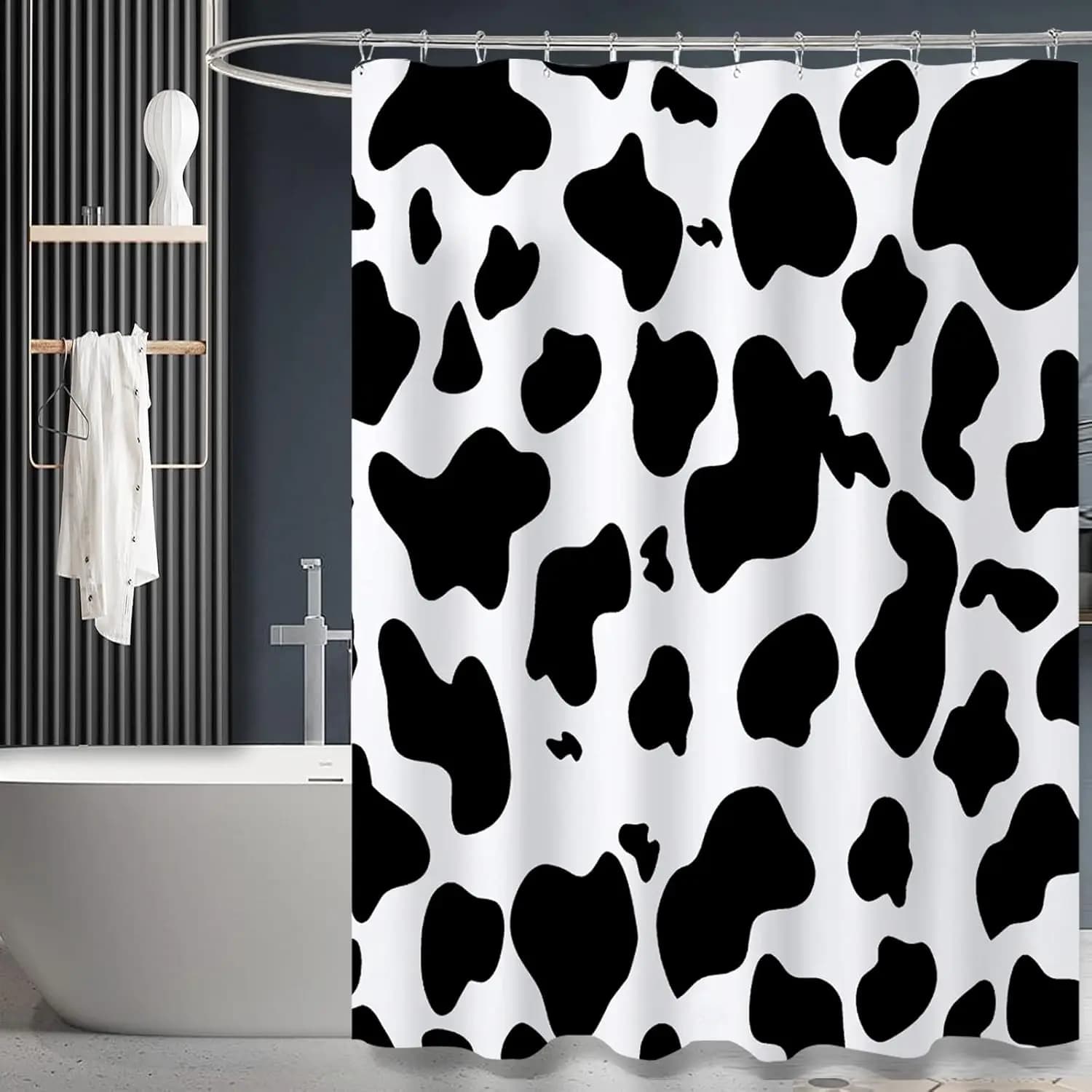 Tenda da doccia con stampa mucca, design animale bianco e nero, tessuto in poliestere con ganci