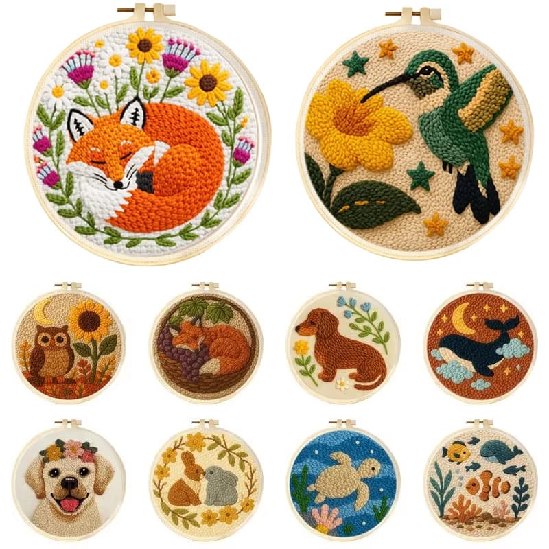 Punch Needle Kits for Beginners Cute Animal Embroidery Starter Set with Hoop Sewing Needles DIY Craft Festival Gift Home Decor