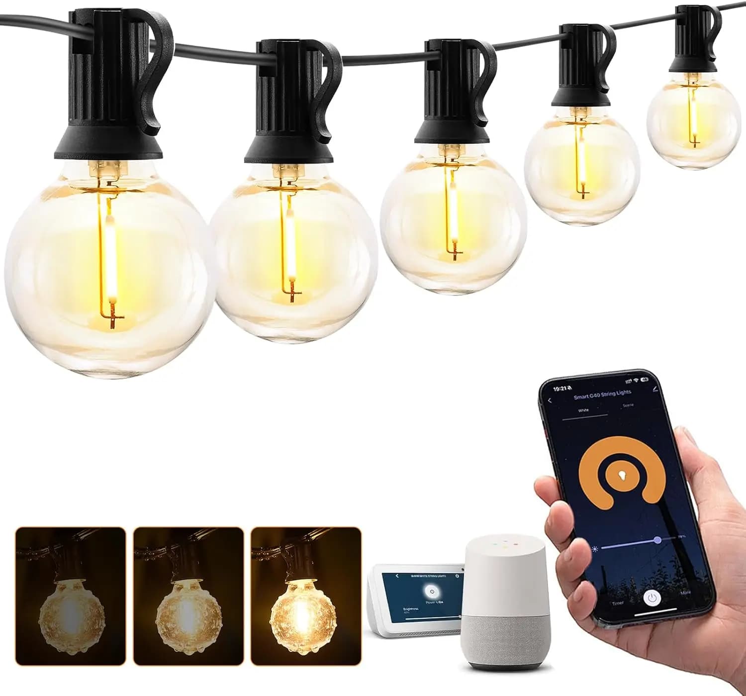 Luci a stringa intelligenti dimmerabili da esterno da 30 metri, 50 lampadine LED, controllo WiFi Alexa, impermeabili per patio