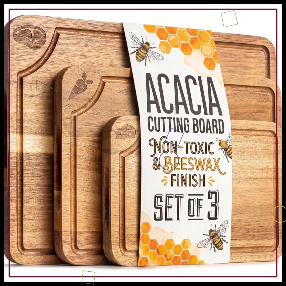 Set di 3 Taglieri in Legno di Acacia con Finitura in Cera d'Api, Scanalatura per Succhi, Piedini Antiscivolo - Senza Olio Minerale e Non Tossico