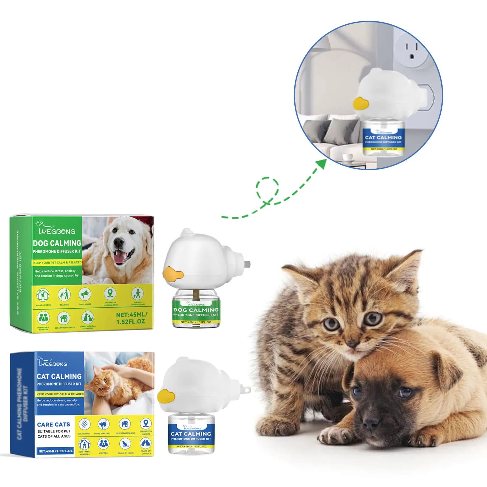Diffusore calmante per feromoni domestici per cani e gatti Rilassante sollievo dalle emozioni Lenitivo feromone plug-in Ricarica Spray calmante
