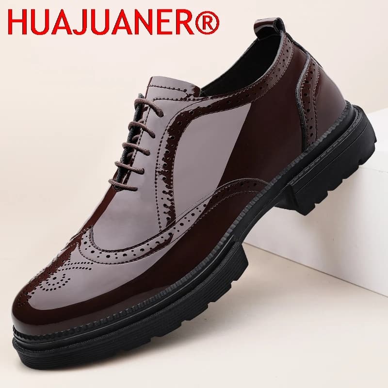 Scarpe Oxford Nere con Suola Spessa e Lacci, Punta Tonda, Scarpe in Pelle con Plateau, Taglie Grandi, Scarpe Casual da Uomo, Scarpe Eleganti da Cerimonia e da Matrimonio