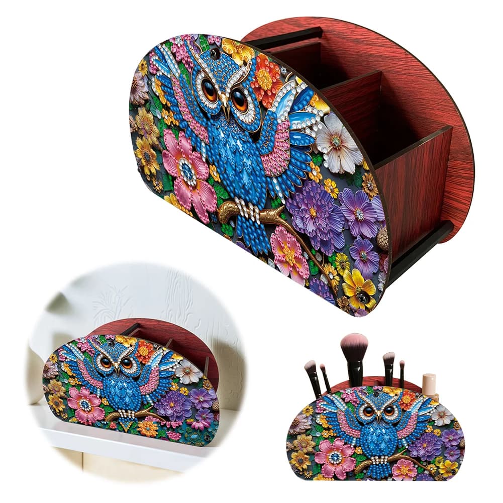 Gem Gufo Fai da te Pittura diamante in legno Scatola portaoggetti multi-griglia Organizzatore da tavolo