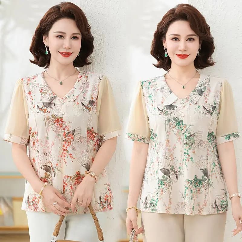 Fashionable Summer Commute Middle-Aged Women's Crew Neck T-Shirt Ethnic Mom Clothes Belly Covering Top Loose Fit Short Sleeve