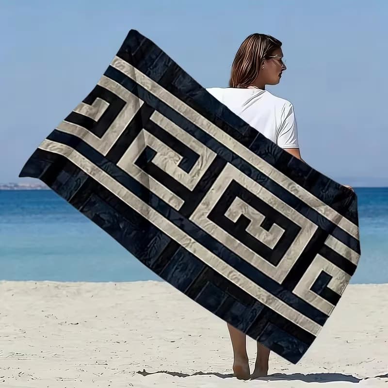 Telo Mare Geometrico con Motivo a Chiave Greca, Lussuoso e Minimalista, Asciugatura Rapida, Anti-Sabbia, Assorbente, per Spiaggia, Viaggi e Vacanze