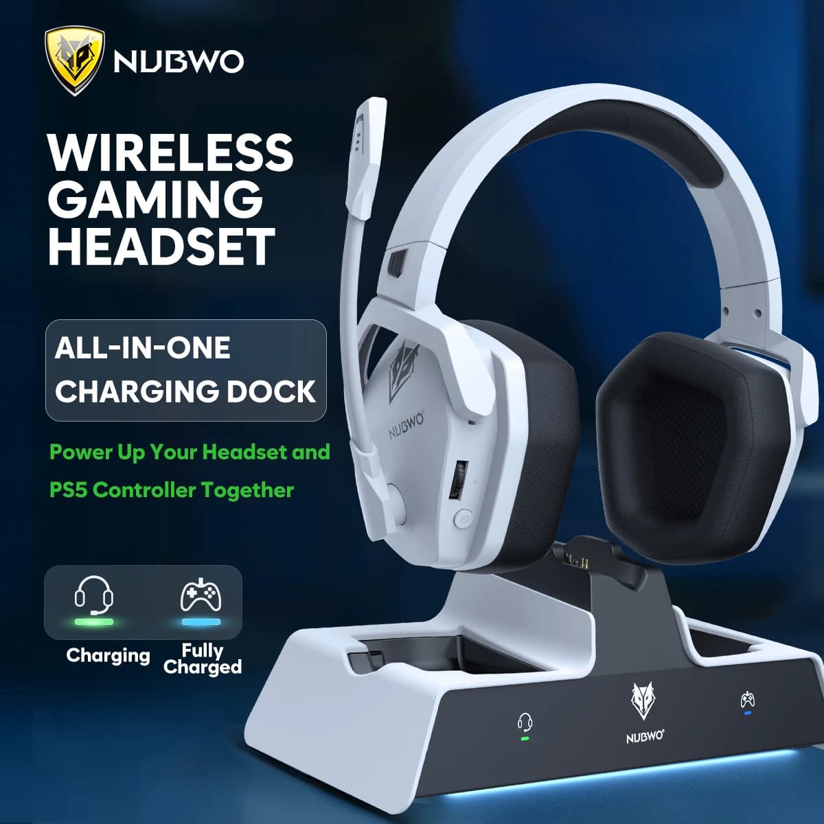 NUBWO G06 Pro wireless gaming headphones with PS5 headphone charging station, low latency 17 ms, 120 hour battery life