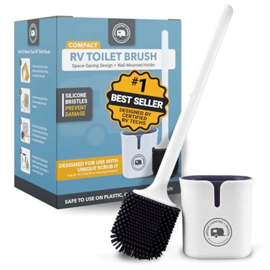 Silicone RV Toilet Brush with Compact Holder Non-scratch silicone bristles for RV toilet bowl cleaning; wall-mount no-drip hold