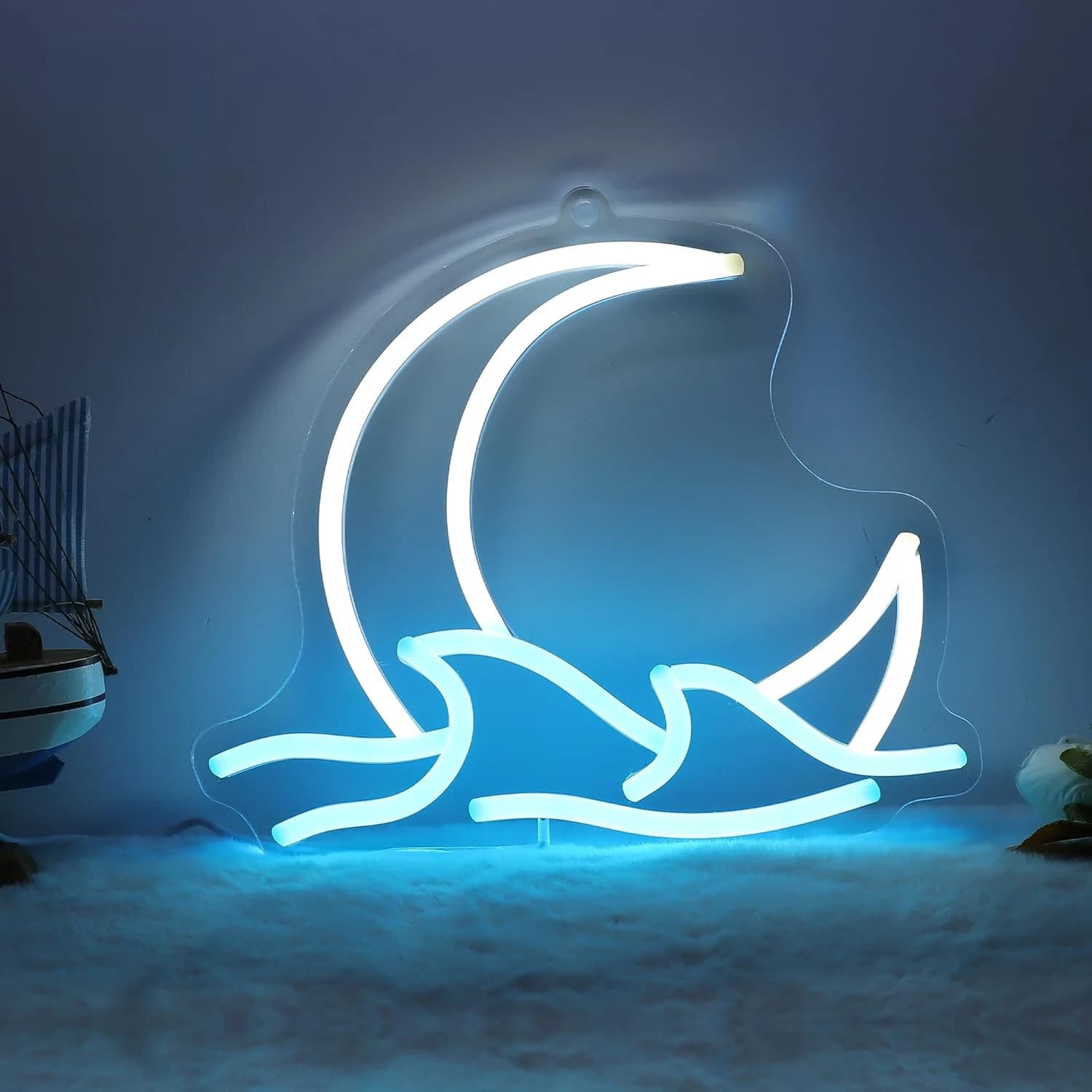 Moon Wave Neon Sign Blue Sea Star Decorazione da parete Luce notturna a LED Camera da letto Hotel Partner Company Studio Sushi Giappone Giappone