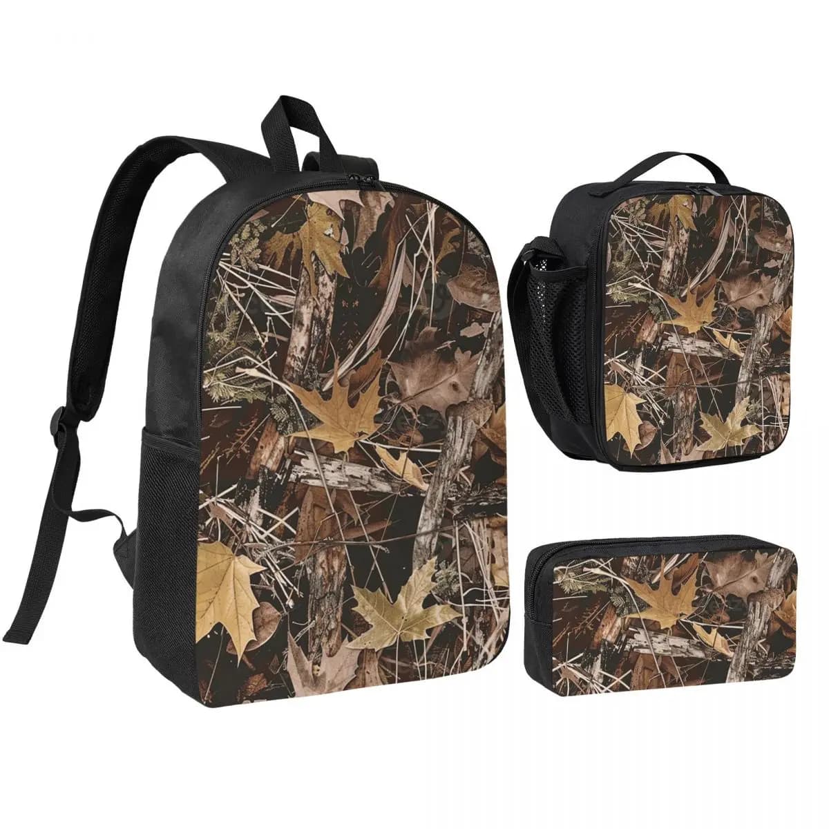 Zaino mimetico Real Tree, borsa per libri da studente, borsa a tracolla, set 3 pezzi con borsa termica per il pranzo e astuccio