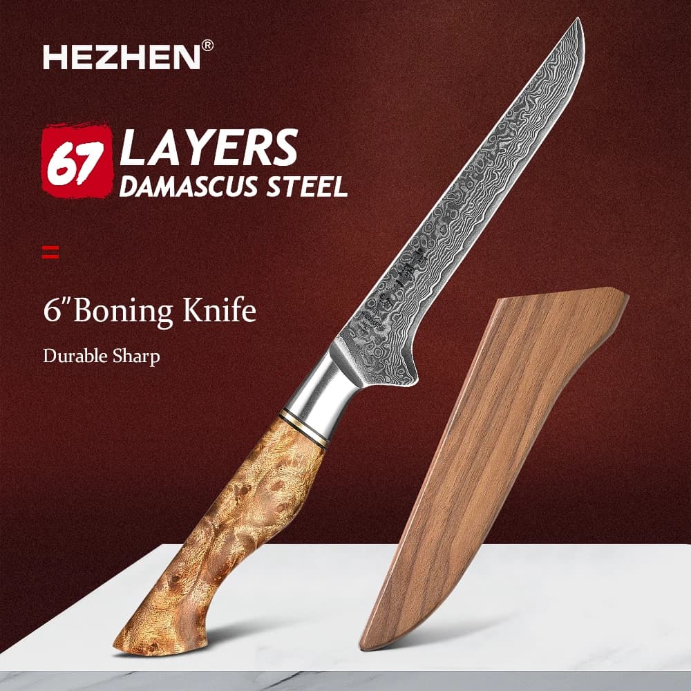 HEZHEN MASTER Serie 6 pollici 67 strati Coltello per disossare in acciaio di Damasco Coltello da cucina con manico in legno Sycamore figurato Durezza 60-62HRC