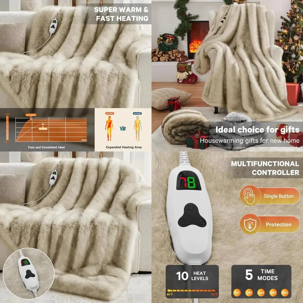 Coperta Elettrica di Lusso 50x60 in Finta Pelliccia con 10 Impostazioni di Calore e Spegnimento Automatico 8 Ore, Morbida e Accogliente per l'Inverno