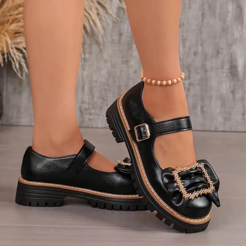 Scarpe Mary Jane con Fiocco Decorativo e Suola Spessa, Comode Scarpe Oxford Nere con Plateau per l'Estate 2026, Mocassini da Donna