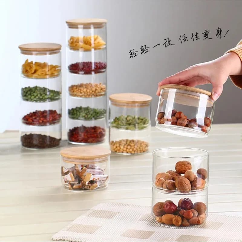 Nuovo Set di Contenitori in Vetro a 3 Strati da 1200 ml per Cucina, per Spezie, Frutta Secca, Insalata, con Coperchio