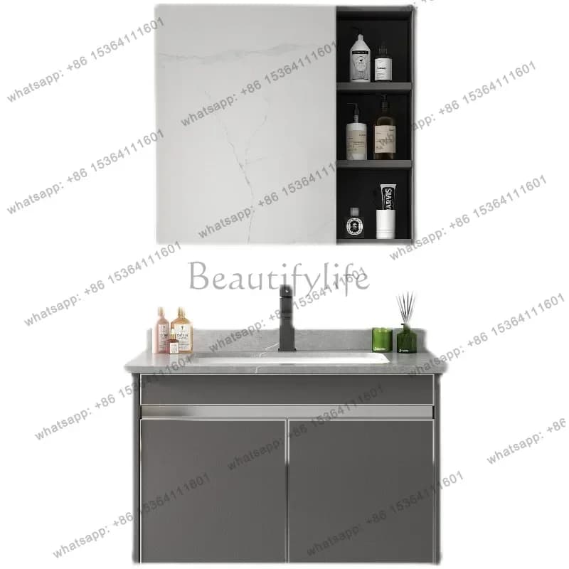 Combinazione di mobili da bagno in acciaio inossidabile 304, mobiletto con specchio intelligente, lavabo in ceramica, lavabo in lastra di roccia