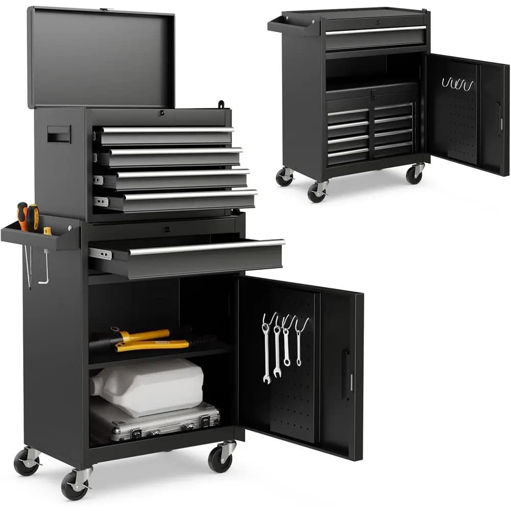 5-Drawer Rolling Tool Chest with Lockable Wheels, Adjustable Shelves, Anti-Slip Mat, and Detachable Organizer for Garage Worksho