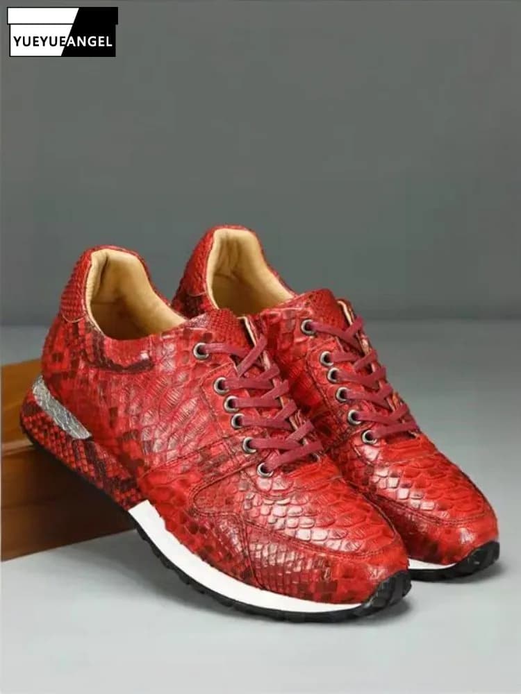 Scarpe Casual Monocolore in Pelle di Serpente con Lacci, Punta Tonda, Plateau con Rialzo, Calzature Maschili alla Moda in Vera Pelle