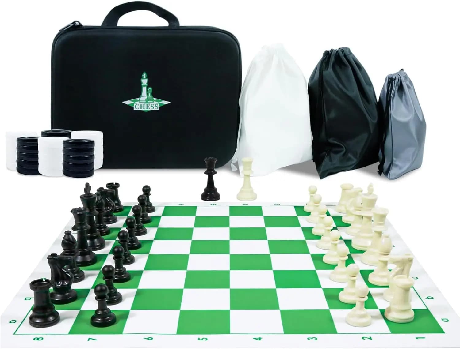 Set di Scacchi da Viaggio in Silicone 20", Re 3,75", Regine Extra, Borsa Portaoggetti, 2-in-1 Scacchi e Dama