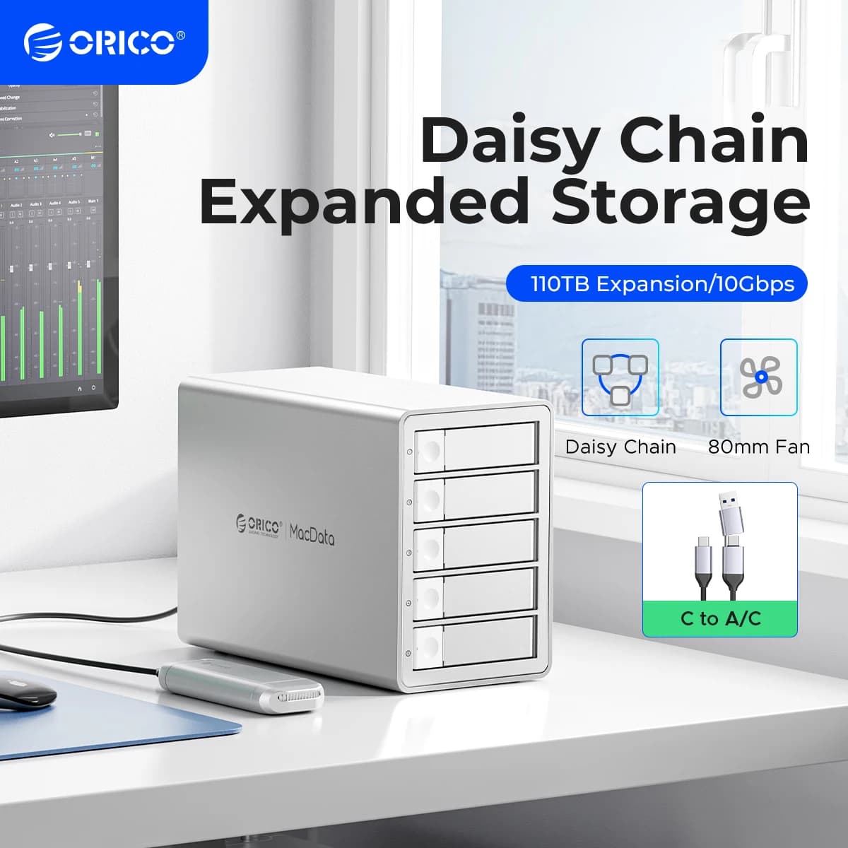 ORICO-Daisy Chain Type-C Docking station per HDD da 10 Gbps Supporto RAID 150 W di alimentazione per dispositivo Apple 5Bay DAS Studio Series 3,5"