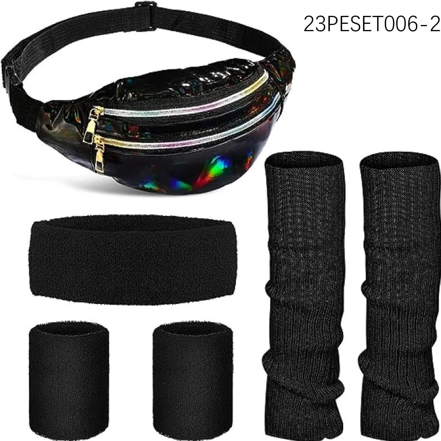 Accessori per l'abbigliamento femminile PESENAR: borsa da cintura nera, ginocchiere, protezioni per la testa e protezioni per i polsi degli anni '80