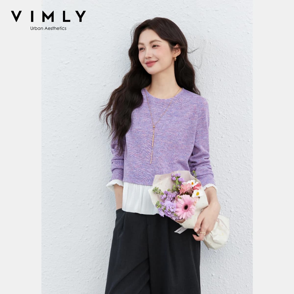 Maglione da Donna VIMLY Lilla Lavorato a Maglia, Nuova Collezione Primavera 2026, Girocollo con Patchwork a Contrasto e Volant, Pullover Casual Quotidiano A3583