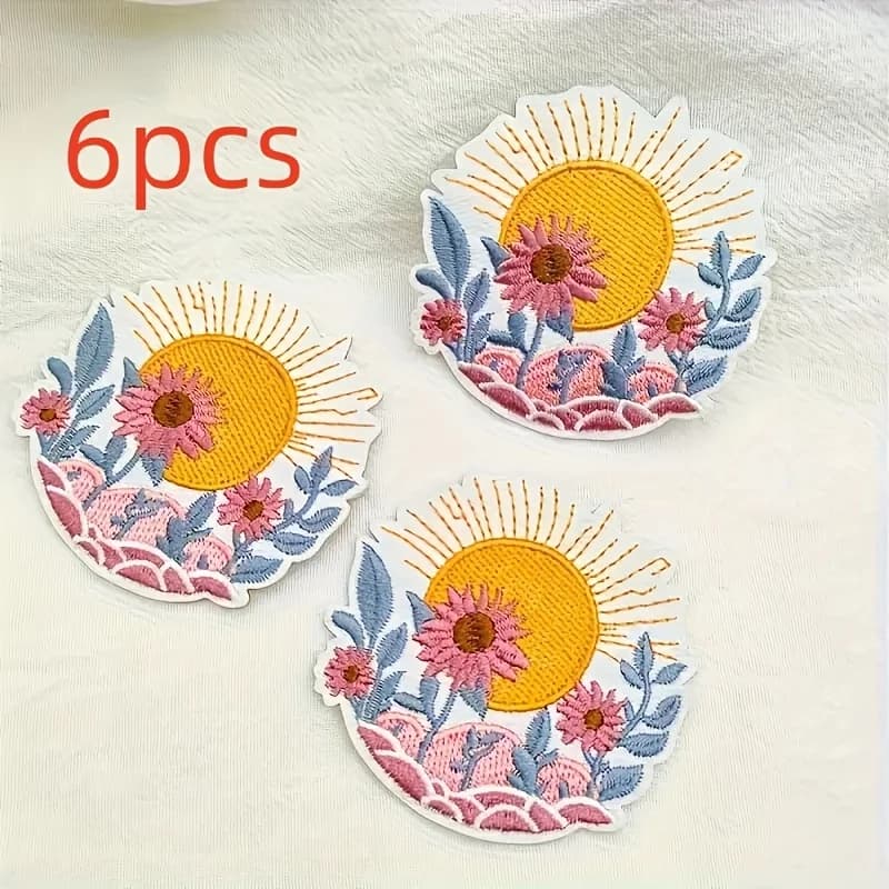 6 Toppe Ricamate Rotonde con Motivi Floreali/Solare. Toppe Termoadesive/Cucibili Stile Moto, Brillanti Patch Fai-da-te per Trasferimento a Caldo, Adatte per Pantaloni, Giacche, Zaini, Cappelli, Progetti di Moda Creativi, Lavorazione Artigianale Ricamata Squisita.