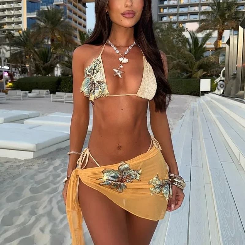 Summer swimsuit 3 pieces for women 2026: New sexy and elegant bikini with print and applications