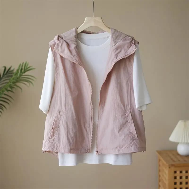 Primavera estate sottile Casual gilet con cappuccio donna cerniera allentata solido pendolarismo senza maniche gilet Cardigan coreano cappotto sportivo
