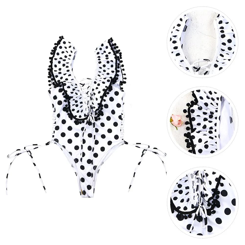 Costume da bagno nero a pois con spalline all'americana, comodo costume intero da donna per spiaggia, piscina e crociere