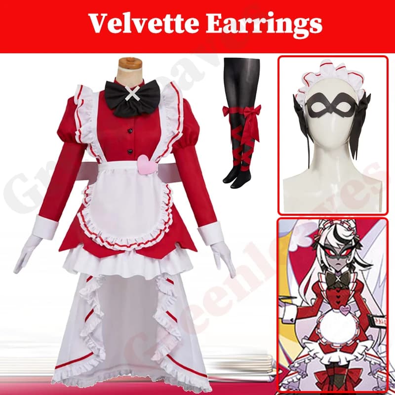 TV Hotel 2 Hell Inn Carmilla Carmine Cosplay Red Cameriera Dress Women Coating Role Game Fantasia Copricapo Socks Bowtie Halloween