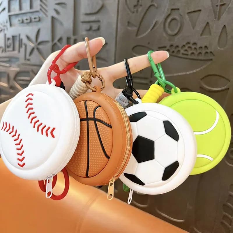 Portamonete a tema sportivo in silicone, portachiavi a forma di pallone da calcio/tennis, mini portafoglio con cerniera, ciondolo per borsa, regalo per bambini e adulti
