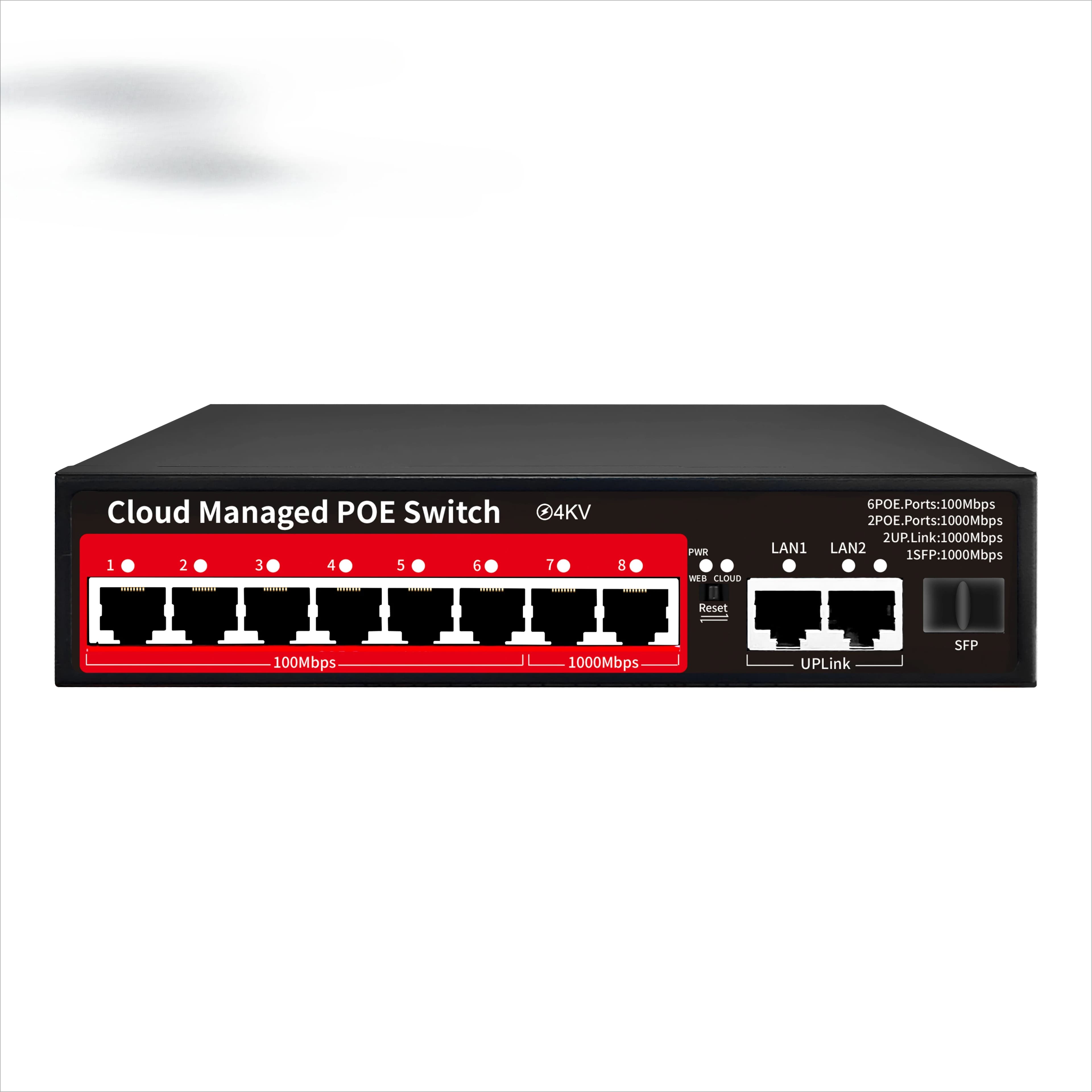 OEM Cloud Managed 8-Port POE switch for CCTV IP cameras Gigabit uplink L2 48v Active POE IEEE 802.3 AF/AT Managed PoE switch